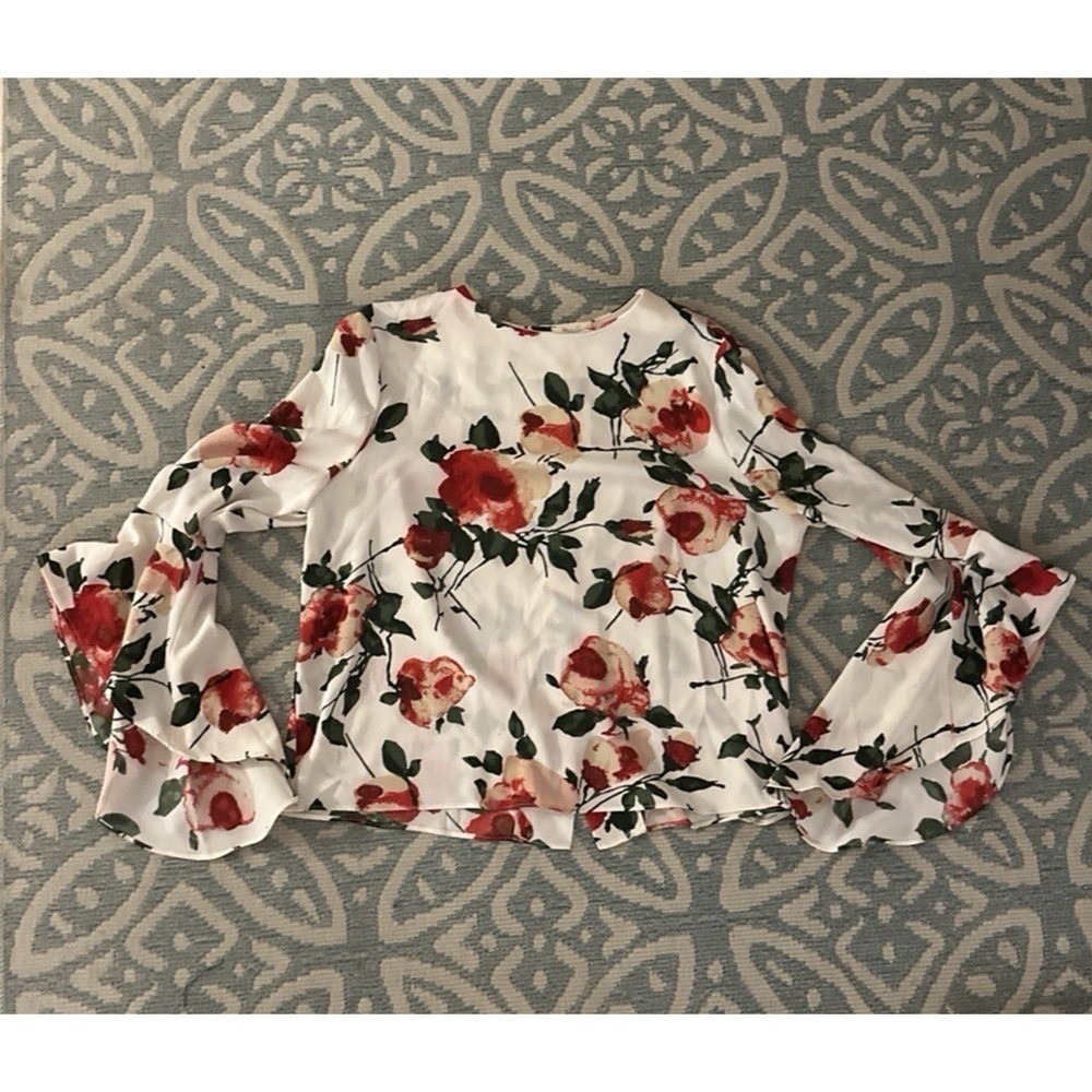 Carmen Marc Valvo Blouse Top Shirt Bell Sleeve White Floral Button Back Size 10 - Picture 6 of 10